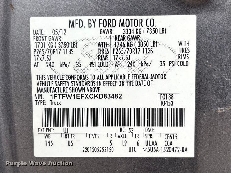 image for item FC5766 2012 Ford F150 XLT Crew Cab pickup truck