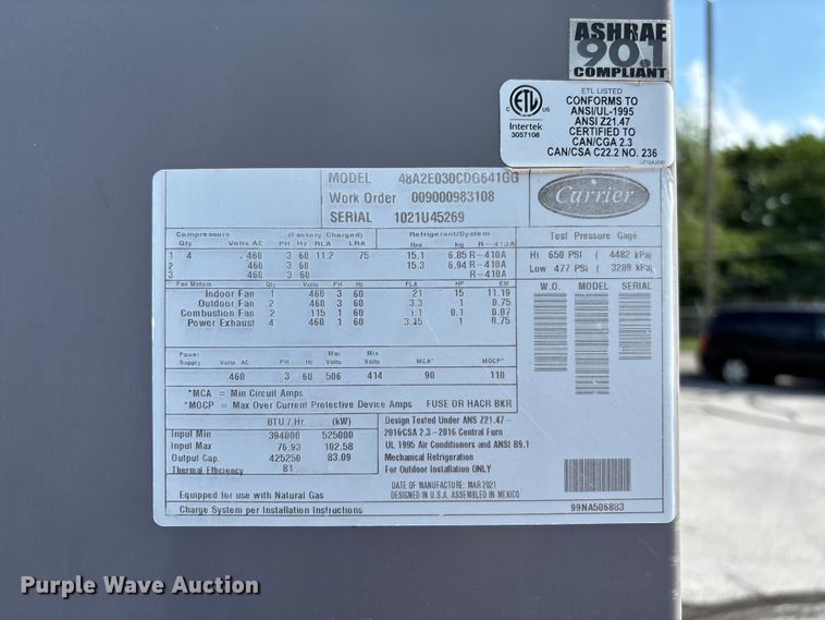 image for item FC5892 2021 Carrier 48A2E030CDG641GG HVAC unit