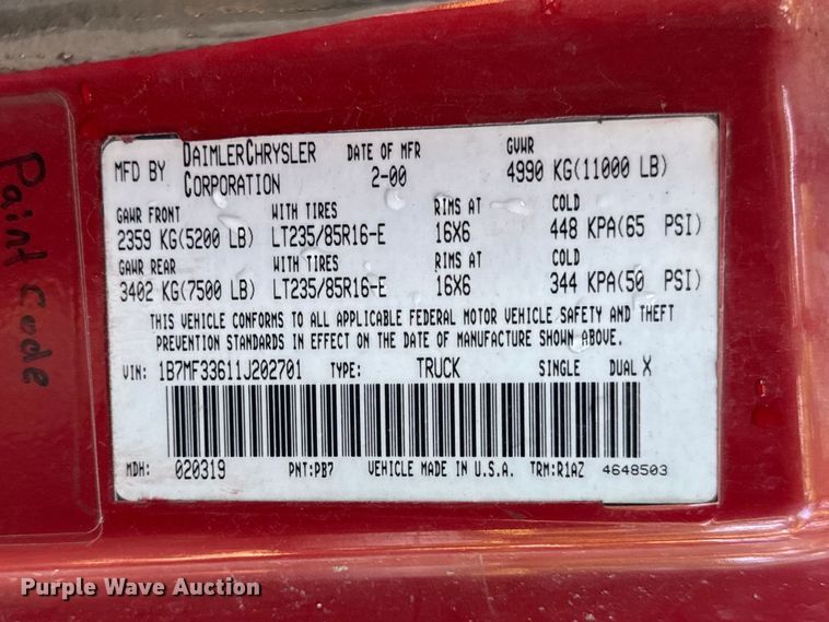 image for item EN0449 2001 Dodge Ram 3500 Ext. Cab flatbed pickup truck