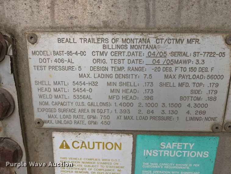 image for item DP8917 2005 Beall BAST-95-4-DC tank trailer