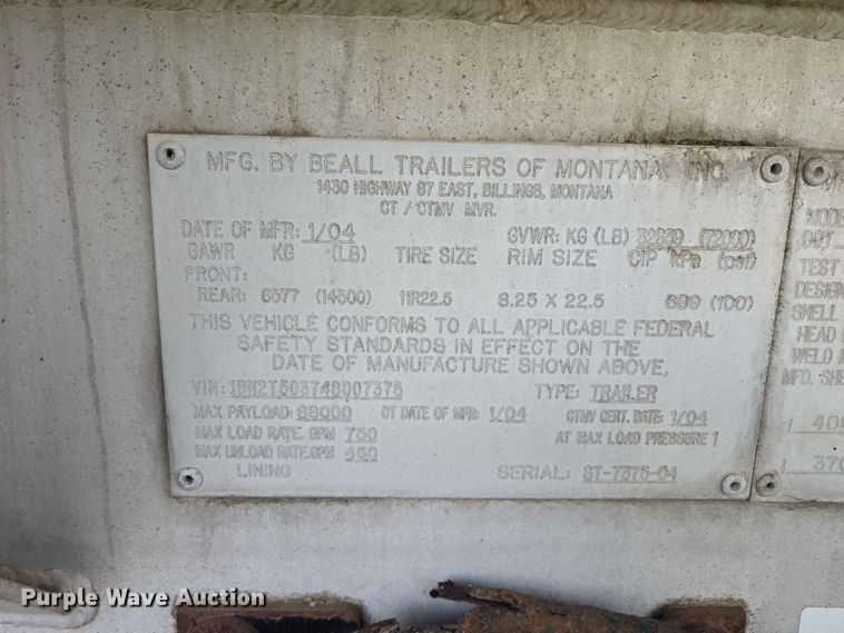 image for item DP8934 2004 Beall BAST-115-4-SB tank trailer