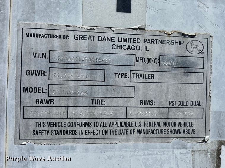 image for item EA4627 2000 Great Dane 7411TP – SAK Dry Van trailer