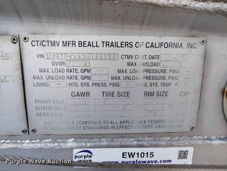 image for item EW1015 1999 Beall tank trailer