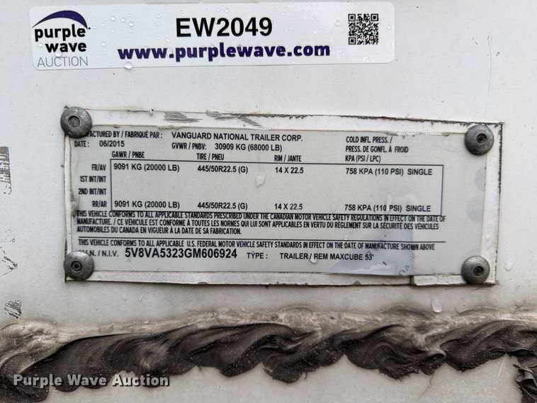 image for item EW2049 2016 Vanguard National Trailer Corp. Maxcube dry van trailer