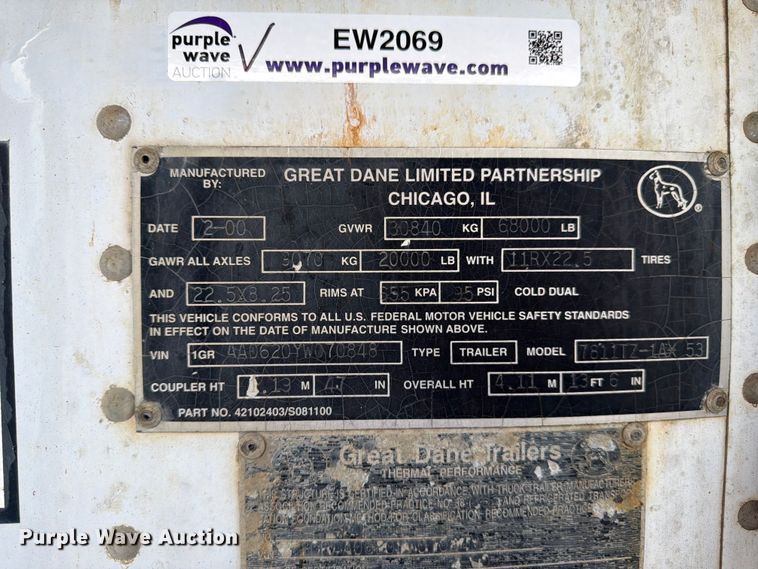 image for item EW2069 2000 Great Dane Trailers refrigerated van trailer