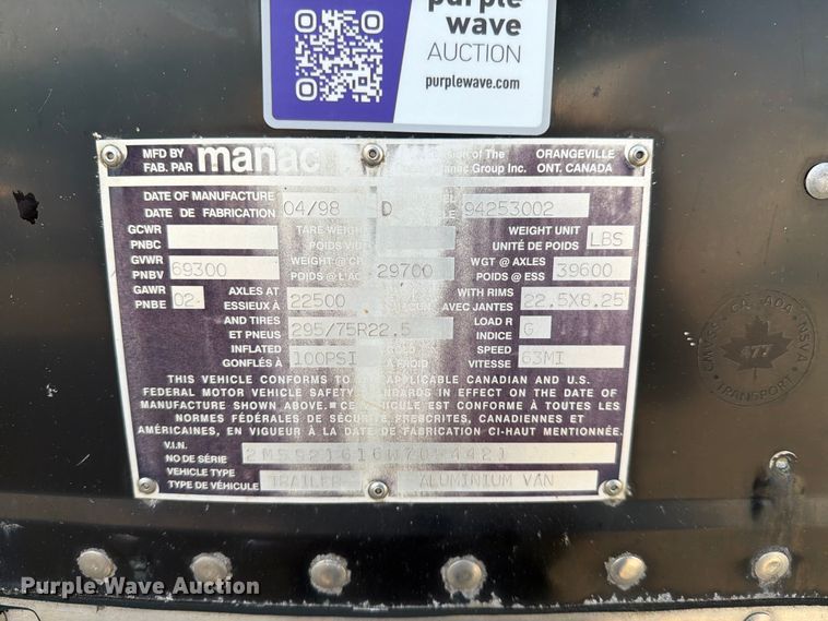 image for item FI1002 1998 Manac 94253002 dry van trailer