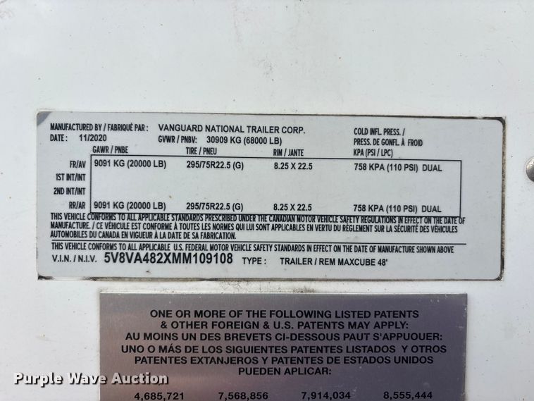 image for item FK1490 2021 Vanguard National Trailer Corporation (vntc) dry van trailer