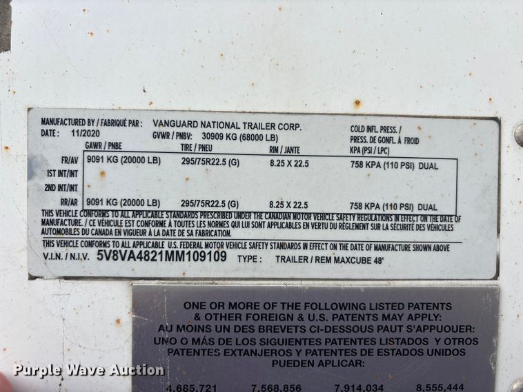 image for item FK1491 2021 Vanguard National Trailer Corporation (vntc) dry van trailer