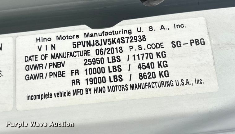 image for item YA1868 2019 Hino box truck