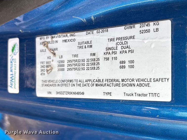 image for item YA2663 2019 International LT625 semi truck