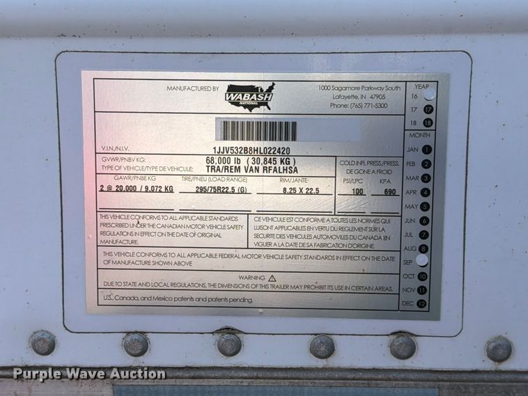 image for item YA3336 2017 Wabash RFALHSA refrigerated van trailer