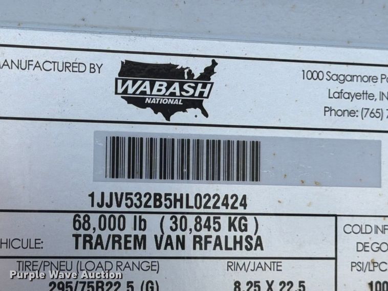 image for item YA3339 2017 Wabash RFALHSA refrigerated van trailer