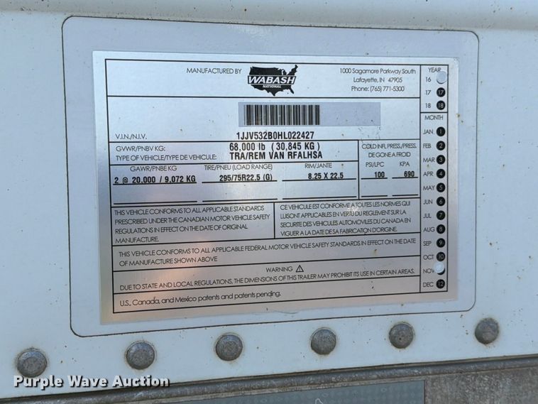 image for item YA3340 2017 Wabash RFALHSA refrigerated van trailer