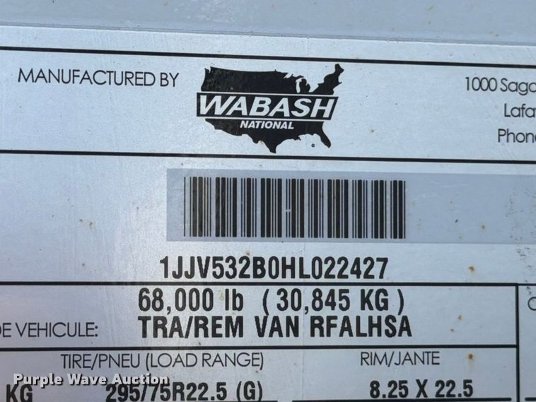 image for item YA3340 2017 Wabash RFALHSA refrigerated van trailer