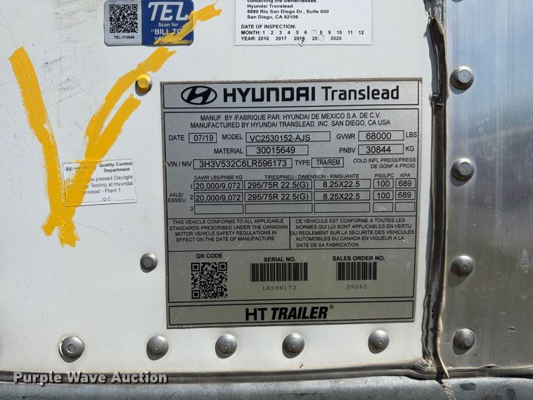 image for item YA3341 2020 Hyundai VC2530152-AJS dry van trailer
