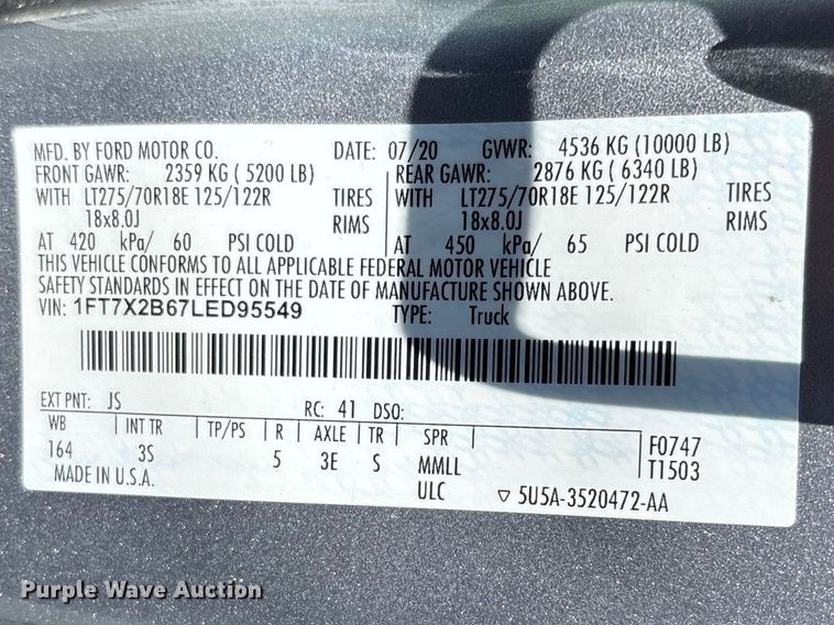 image for item DV4386 2020 Ford F250 Super Duty Ext. Cab pickup truck
