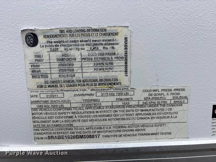image for item EG9126 2011 Middlebury MWST 7X13TA2 enclosed cargo trailer