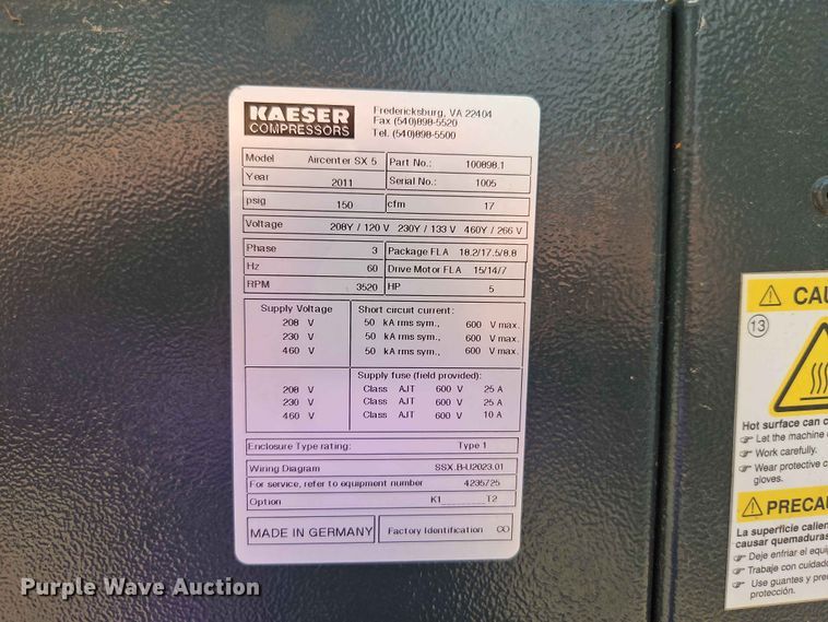 image for item EO7494 2011 Kaeser Aircenter SX 5 air compressor