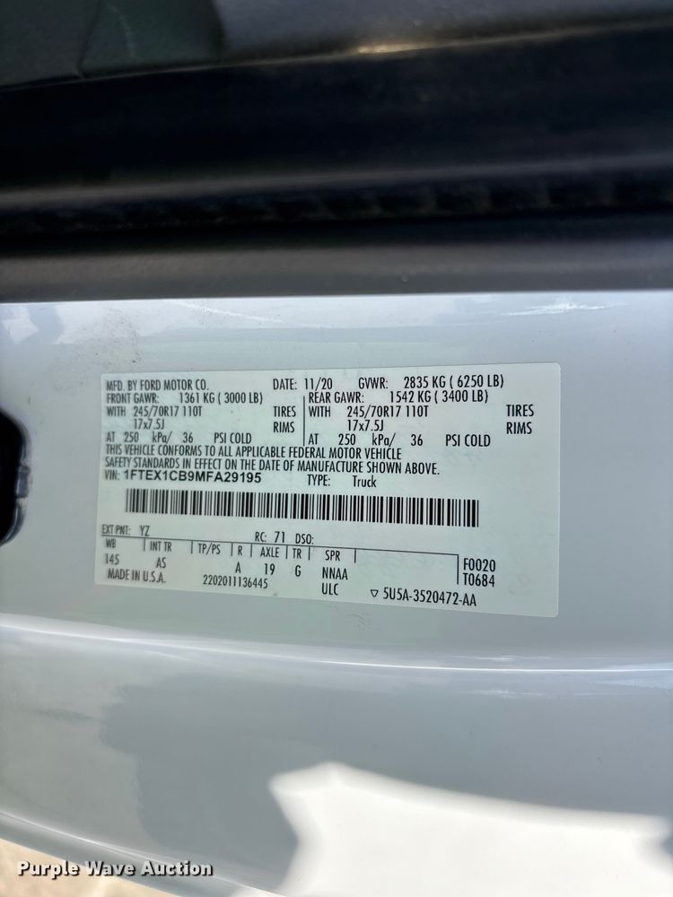 image for item ER7645 2021 Ford F150 Ext. Cab pickup truck