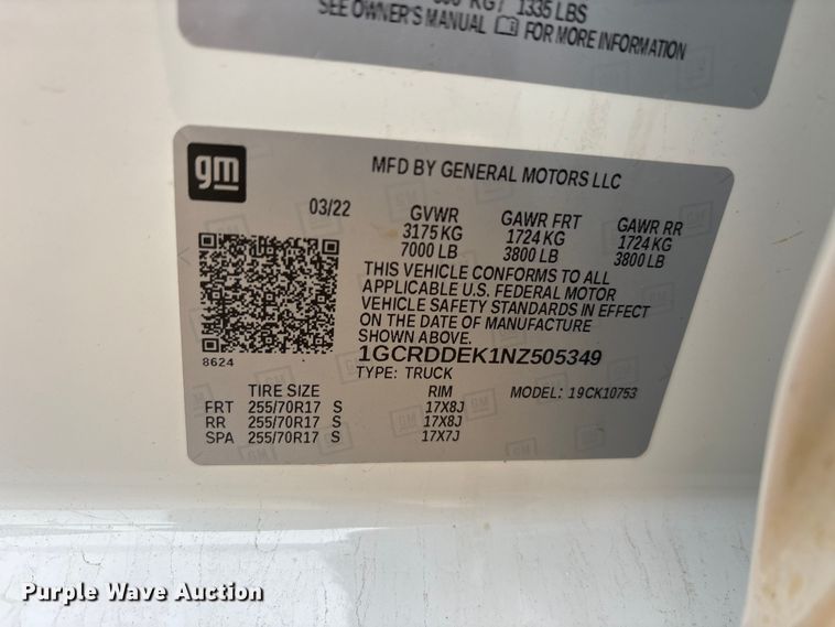 image for item ET2002 2022 Chevrolet Silverado 1500 Ext. Cab pickup truck