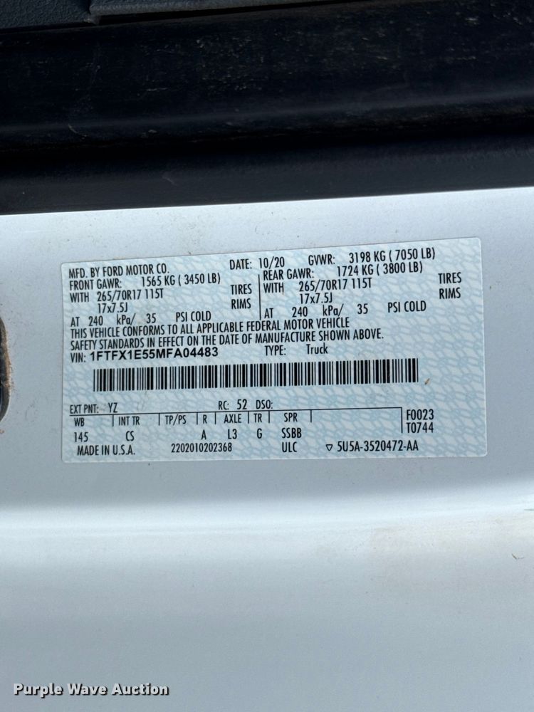 image for item ET6303 2021 Ford F150 Ext. Cab pickup truck