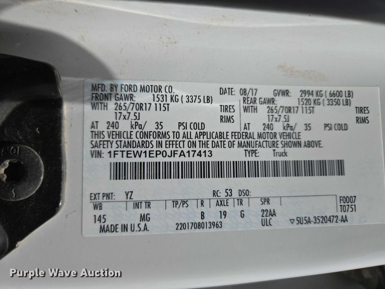 image for item EW0164 2018 Ford F150 XLT Crew Cab pickup truck