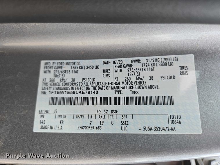 image for item EW0165 2020 Ford F150 XLT Crew Cab pickup truck