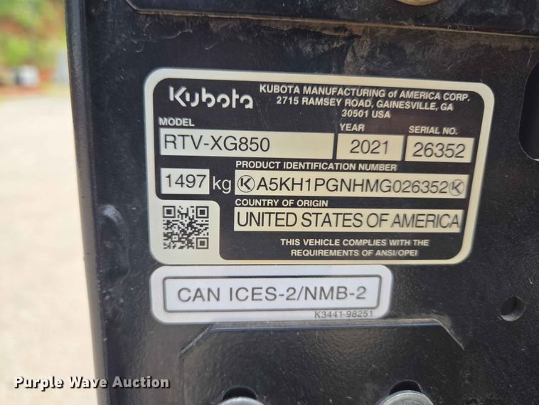 image for item EW0204 2021 Kubota Sidekick RTV-XG850 utility vehicle