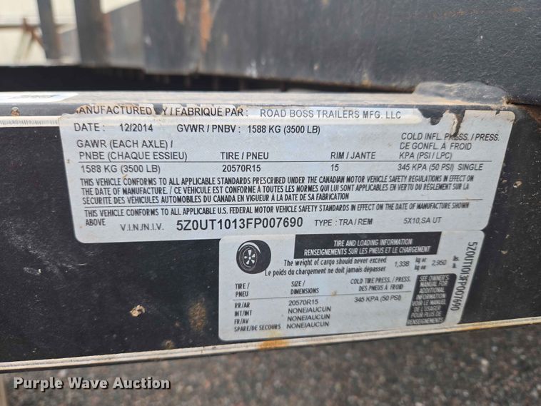 image for item EW0288 2015 Road Boss Trailers MFG. LLC 5x10,SA UT utility trailer