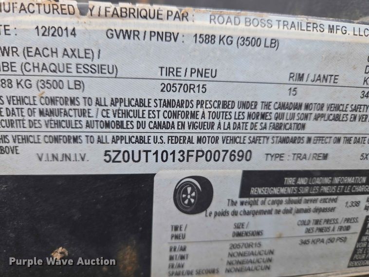 image for item EW0288 2015 Road Boss Trailers MFG. LLC 5x10,SA UT utility trailer
