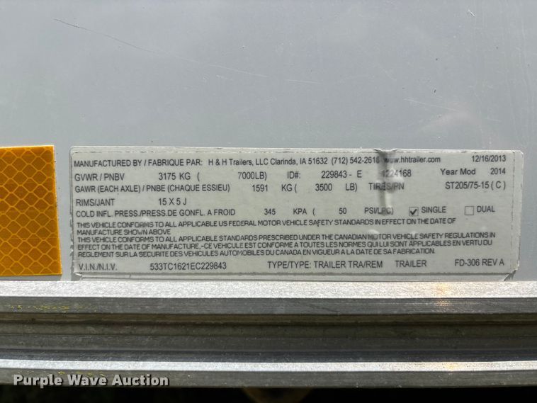image for item FH7152 2014 H & H Trailers enclosed cargo trailer