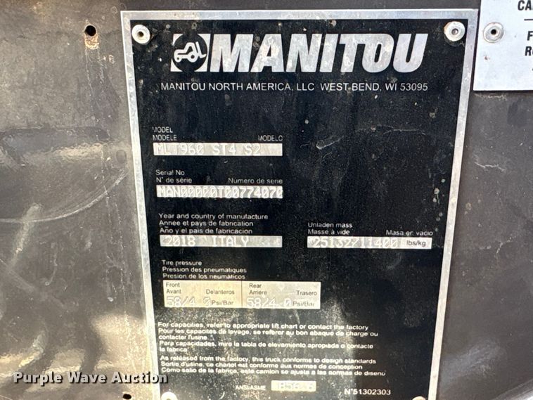 image for item EW0013 2018 Manitou MLT960 ST4 S2 telehandler