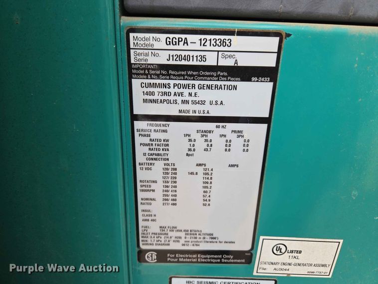 image for item EW0211 Cummins Power Generation GGPA-1213363 generator