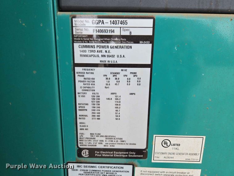 image for item EW0212 Cummins Power Generation GGPA-1407465 generator
