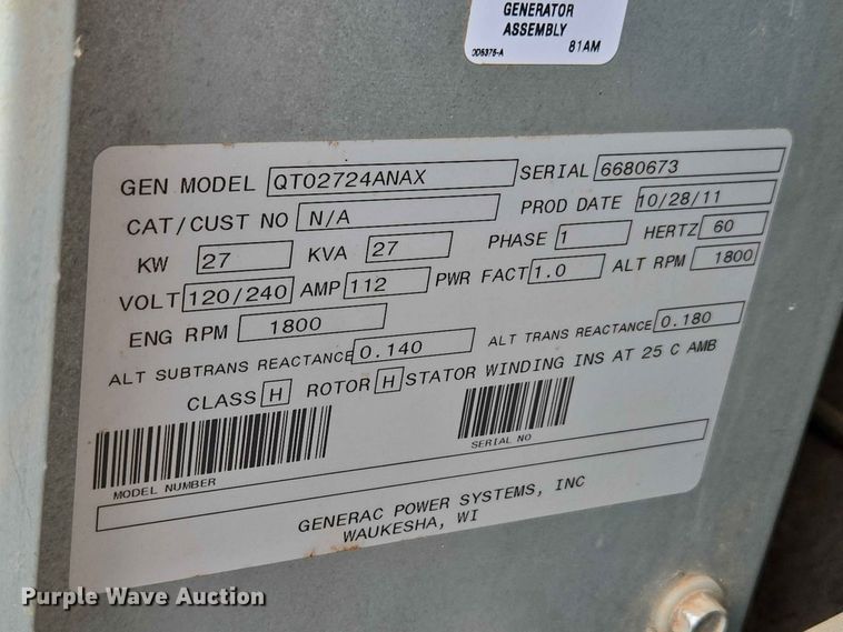 image for item EW0218 Generac QTO2724ANAZ generator
