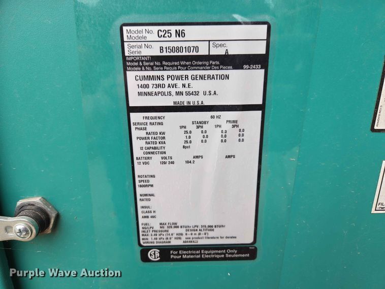 image for item EW0223 Cummins Power Generation C25 N6 generator