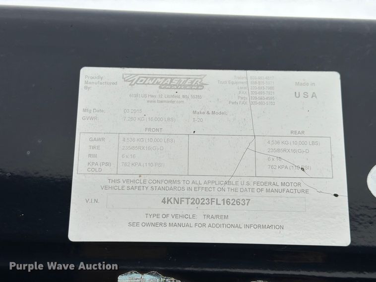 image for item FK4025 2015 Towmaster T-20 equipment trailer