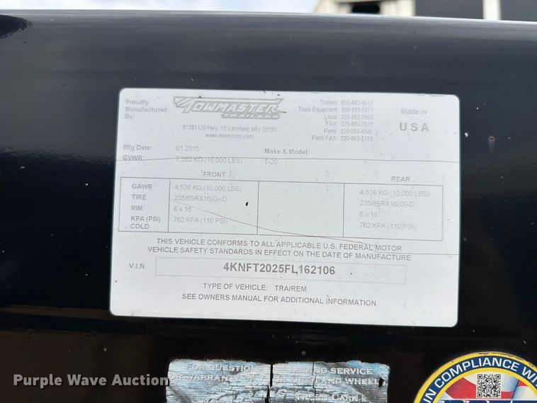 image for item FK4027 2015 Towmaster T-20 equipment trailer