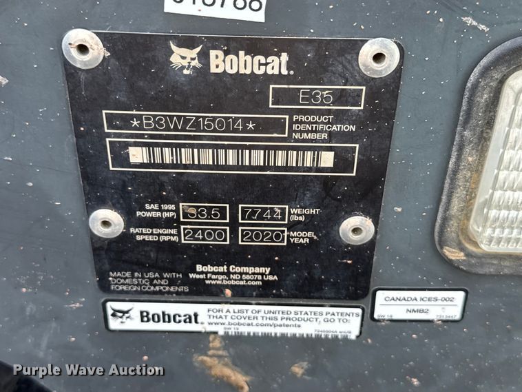 image for item YA3705 2020 Bobcat E35 mini excavator