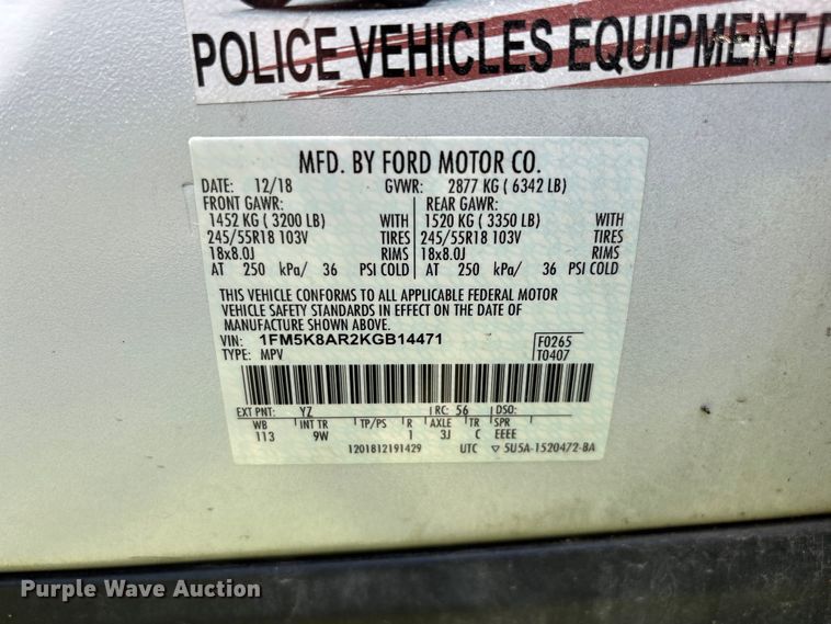image for item ED2272 2019 Ford Explorer Police Interceptor SUV