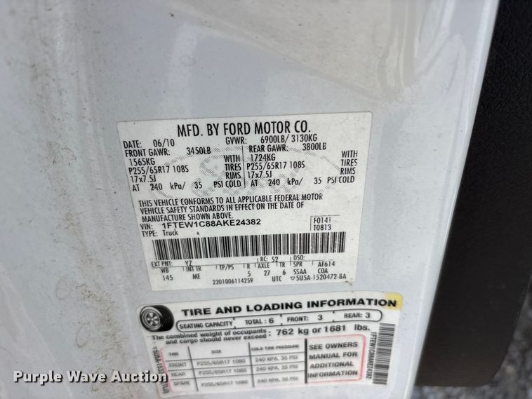image for item EU5656 2010 Ford F150 Crew Cab pickup truck