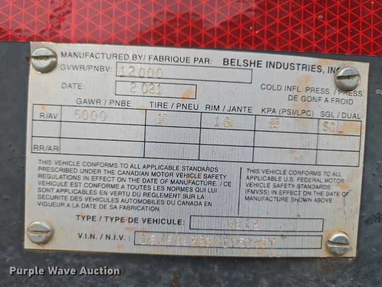 image for item EW0275 2021 Belshe WB12 equipment trailer