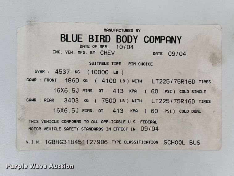 image for item FB6768 2005 Chevrolet Blue Bird school bus