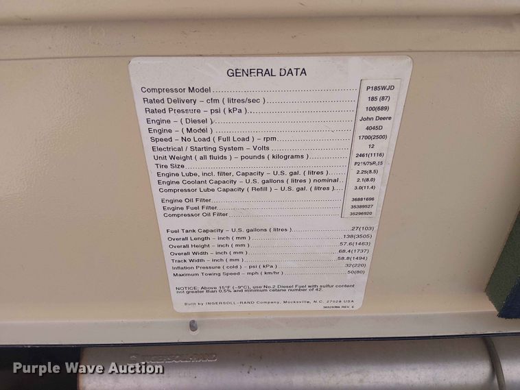 image for item FC4707 1998 Ingersoll Rand P185WJD air compressor