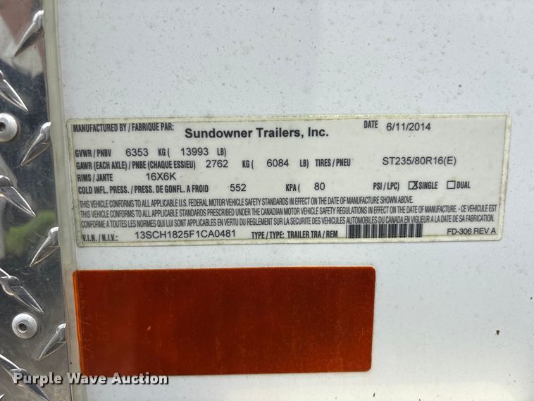 image for item FI0222 2015 Sundowner enclosed cargo trailer