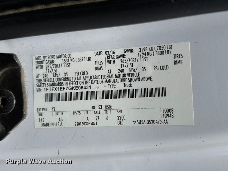 image for item NA9392 2016 Ford F150 XL Ext. Cab pickup truck