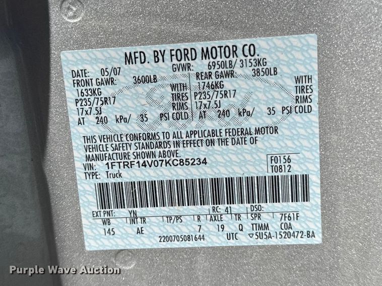 image for item OE9608 2007 Ford F150 XL pickup truck