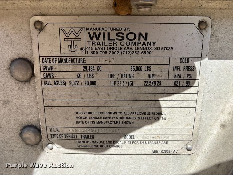 image for item EM5115 2018 Wilson Trailer Co. grain trailer