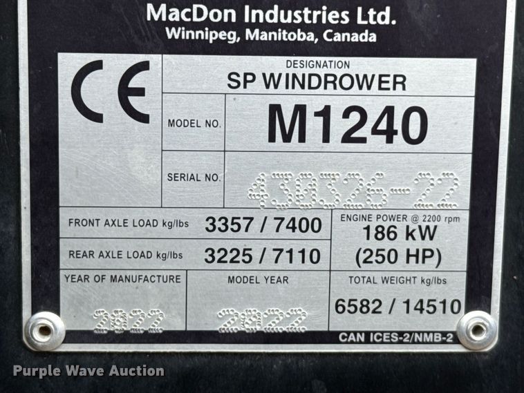 image for item FB6755 2022 Macdon M1240 swather / windrower
