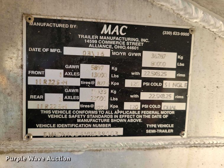 image for item EA2391 2017 Mac Trailer end dump trailer